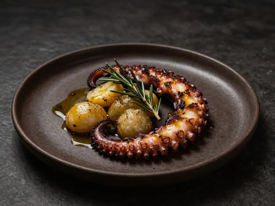 Tentacule de poulpe rôti avec pommes grenaille et romarin