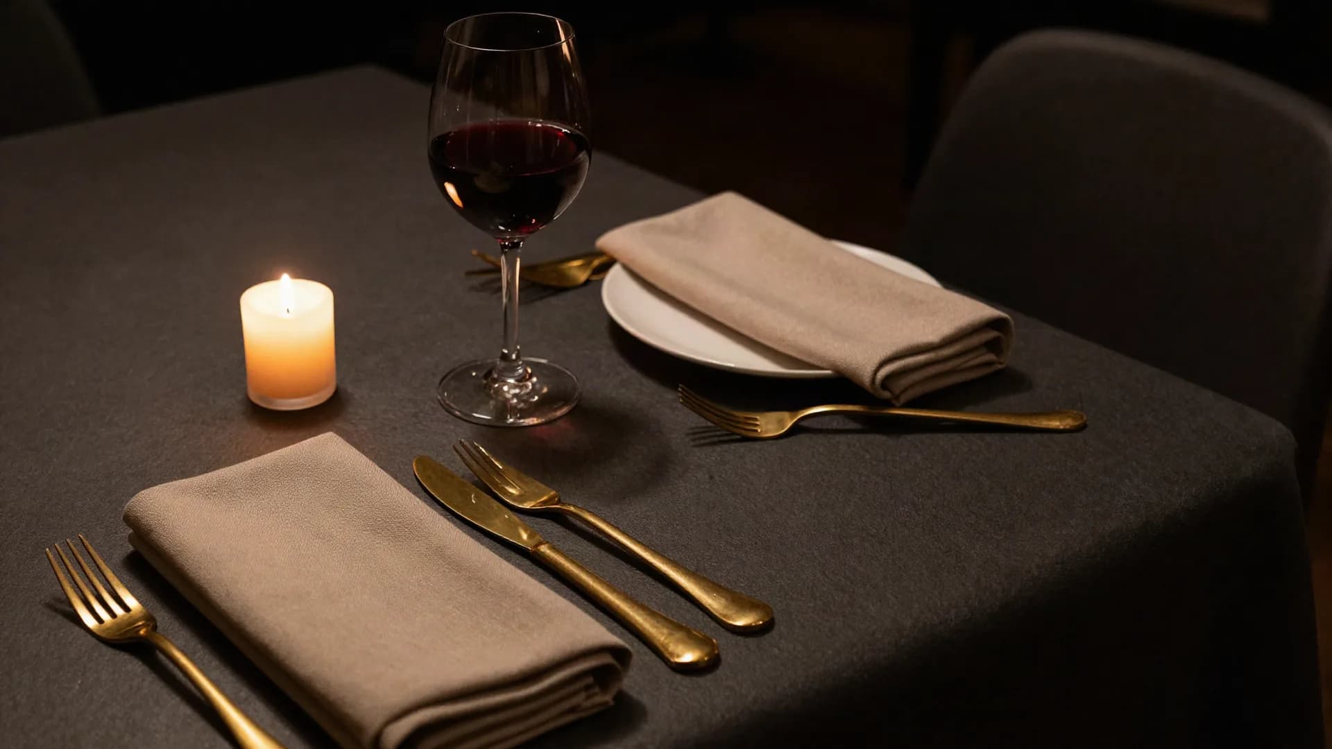 Table dressée d'un restaurant à la lueur d'une bougie, couverts dorés et serviettes en lin